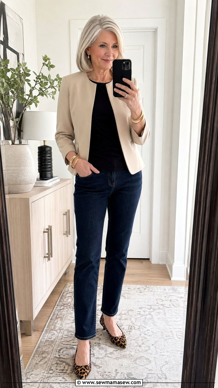 Soft beige blazer with dark denim outfit - 35 Classy outfit ideas for women over 60