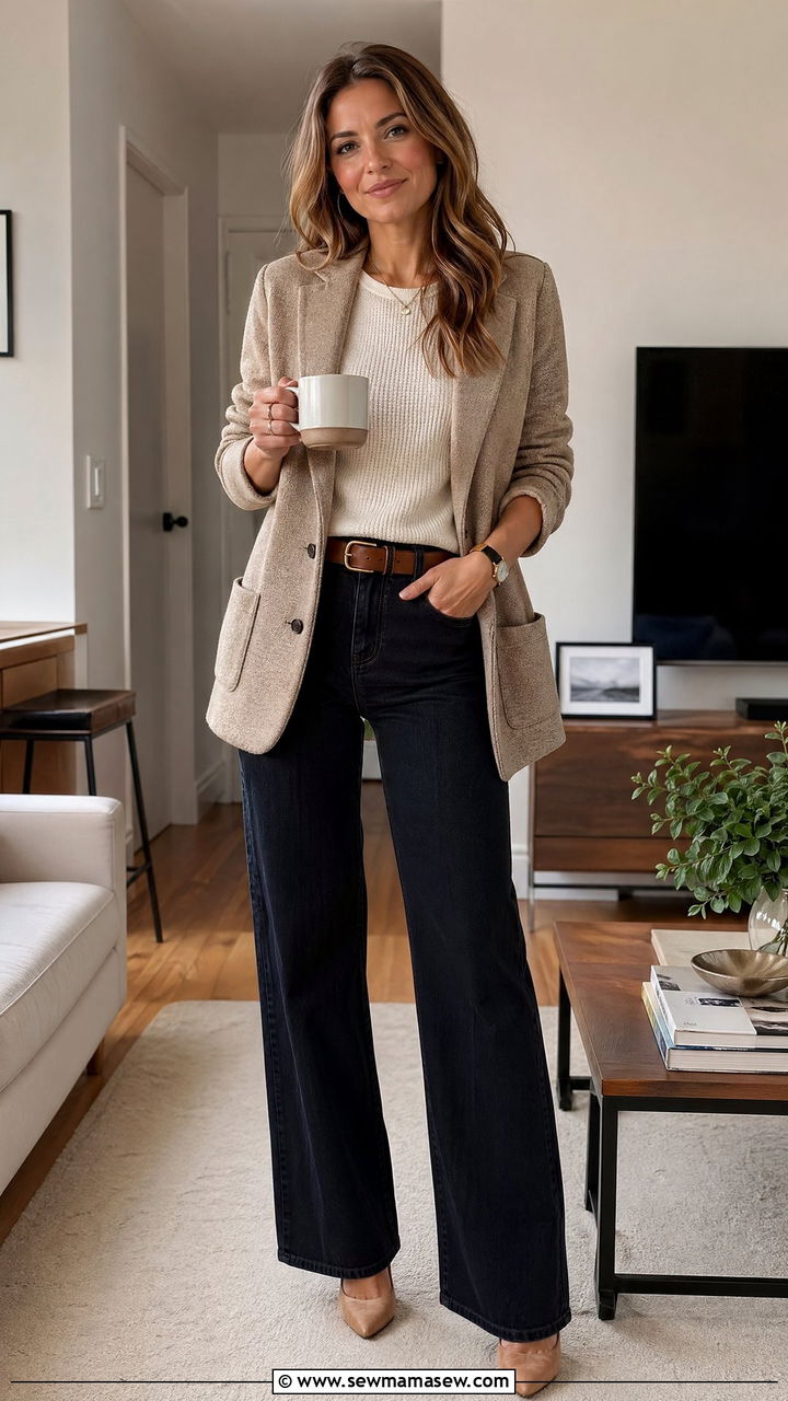 Soft blazer with thermal tee and wideleg jeans - 35 Comfortable work from home outfits