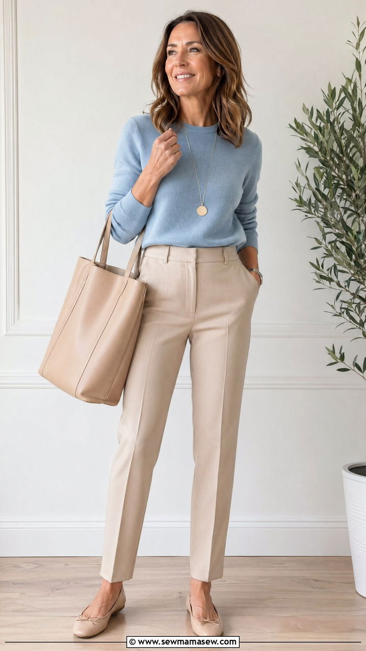 Soft blue knit and beige trousers - 35 What to wear in spring for women over 40