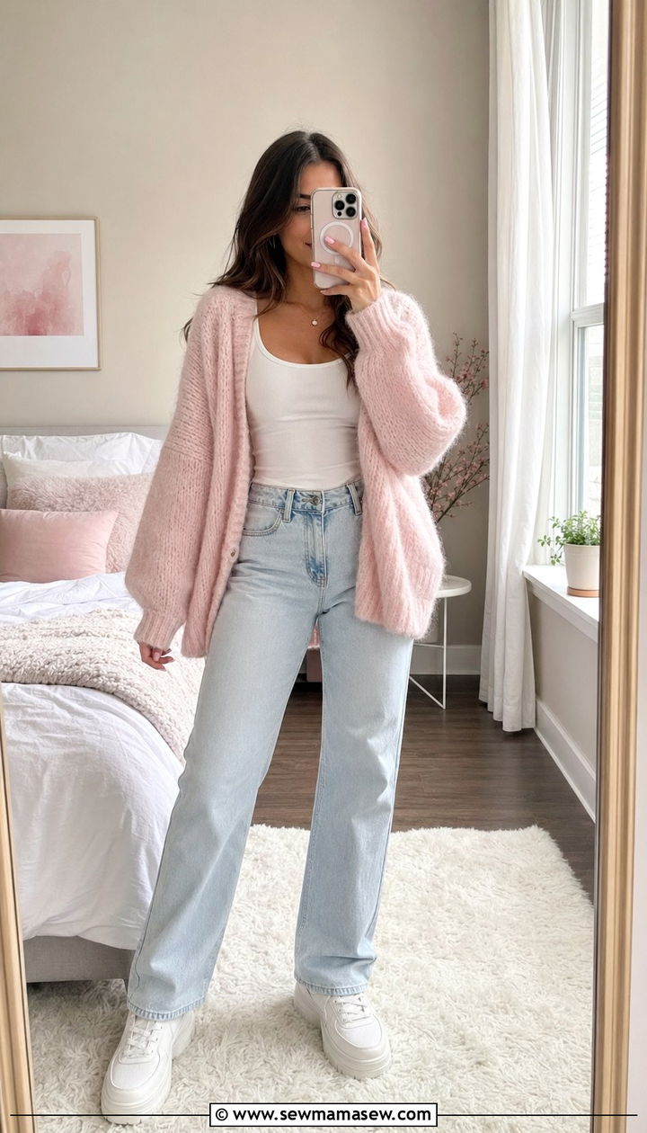 Soft girl pastel pink cardigan and light wash jeans outfit - 35 Pinterest outfits