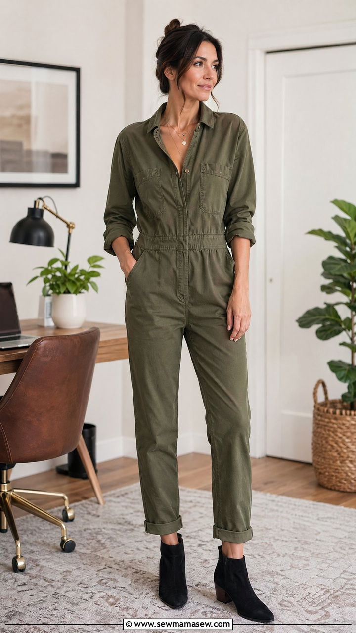Soft jumpsuit with ankle boots outfit - 35 Work from home outfits for moms