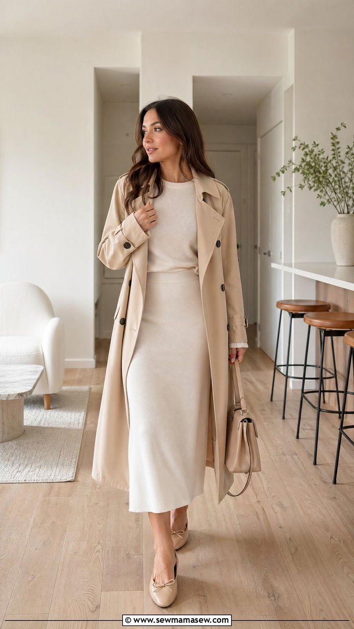Soft knit set with trench coat and ballet flats - 35 Transitional wardrobe ideas