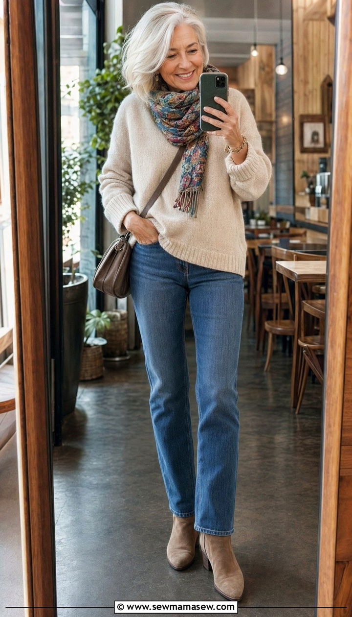 Soft knit sweater with straight leg jeans - 35 Outfit ideas for women over 60