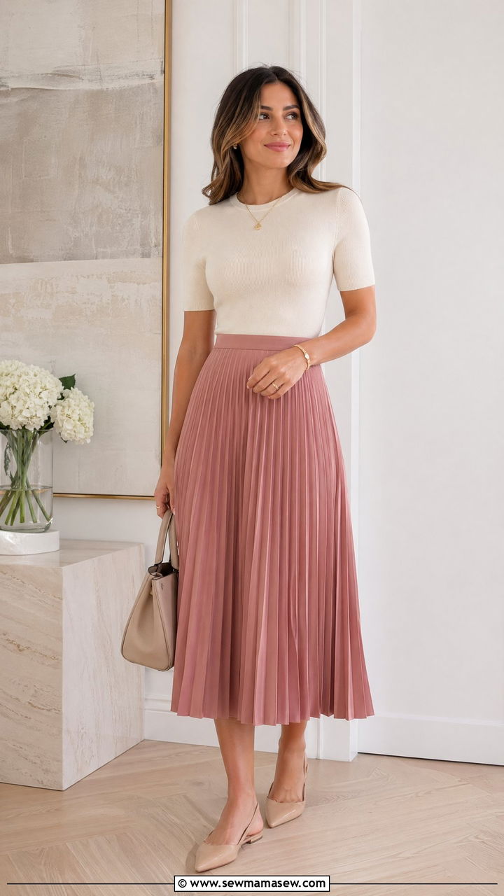 Soft knit top with pleated midi skirt - 35 Spring business casual outfits for women