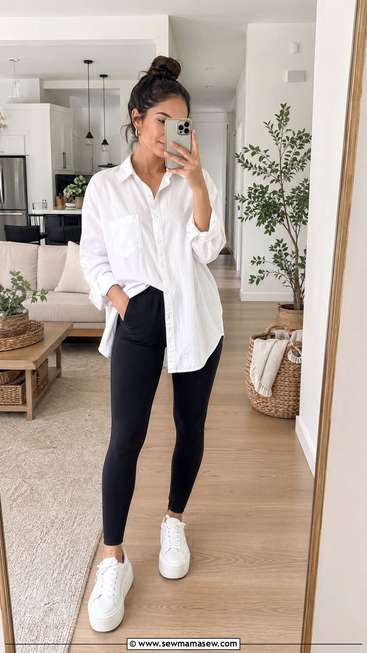 Soft leggings and oversized button up outfit - 35 Work from home outfits for moms