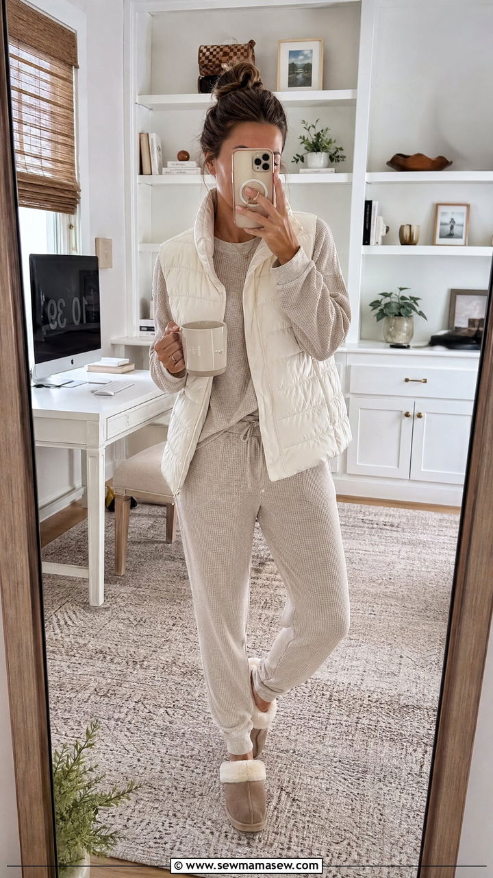 Soft thermal top with relaxed joggers and puffer vest - 35 Comfortable work from home outfits