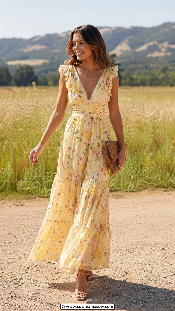 Soft yellow floral print maxi dress with tan accessories - 35 Country club wedding guest outfit ideas