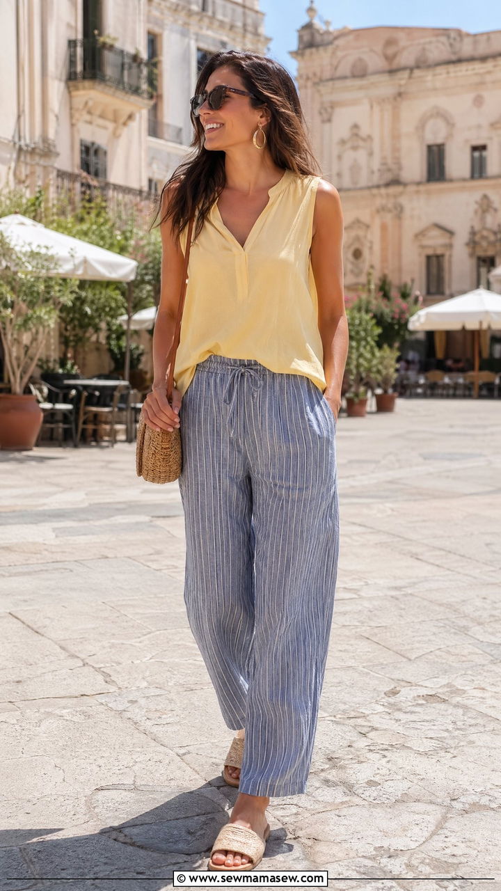 Soft yellow sleeveless top and striped linen trousers look - 35 Summer travel outfits
