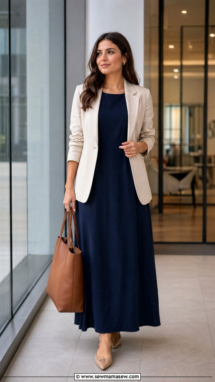 Solid Color Maxi Dress with a Linen Blazer and Pointed Toe Flats - 35 Summer outfits with maxi dresses