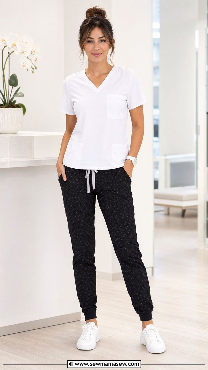 Solid Scrub Top with Patterned Pants - 35 Scrubs outfit ideas