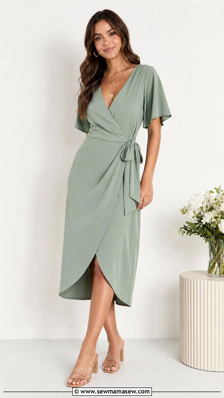 Solid Wrap Dress With Layered Necklaces - 30 Wrap dress outfit ideas for summer