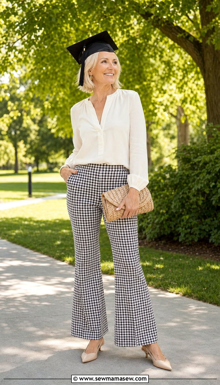 Split Neck Blouse With Gingham Flare Pants - 35 Graduation outfits for women over 50