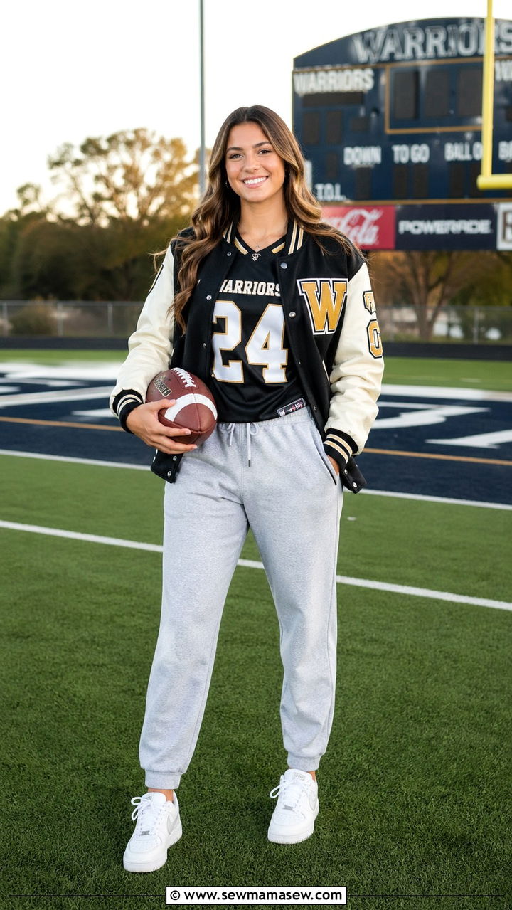 Sport Jersey with Letterman Jacket and Sneakers - 30 Senior portrait outfit ideas 2026