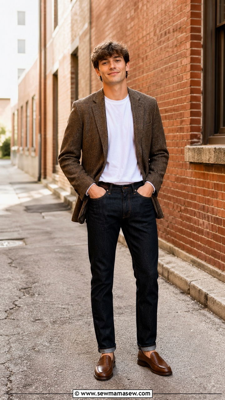 Sport coat with dark denim senior picture - 30 Senior portrait outfit ideas guys