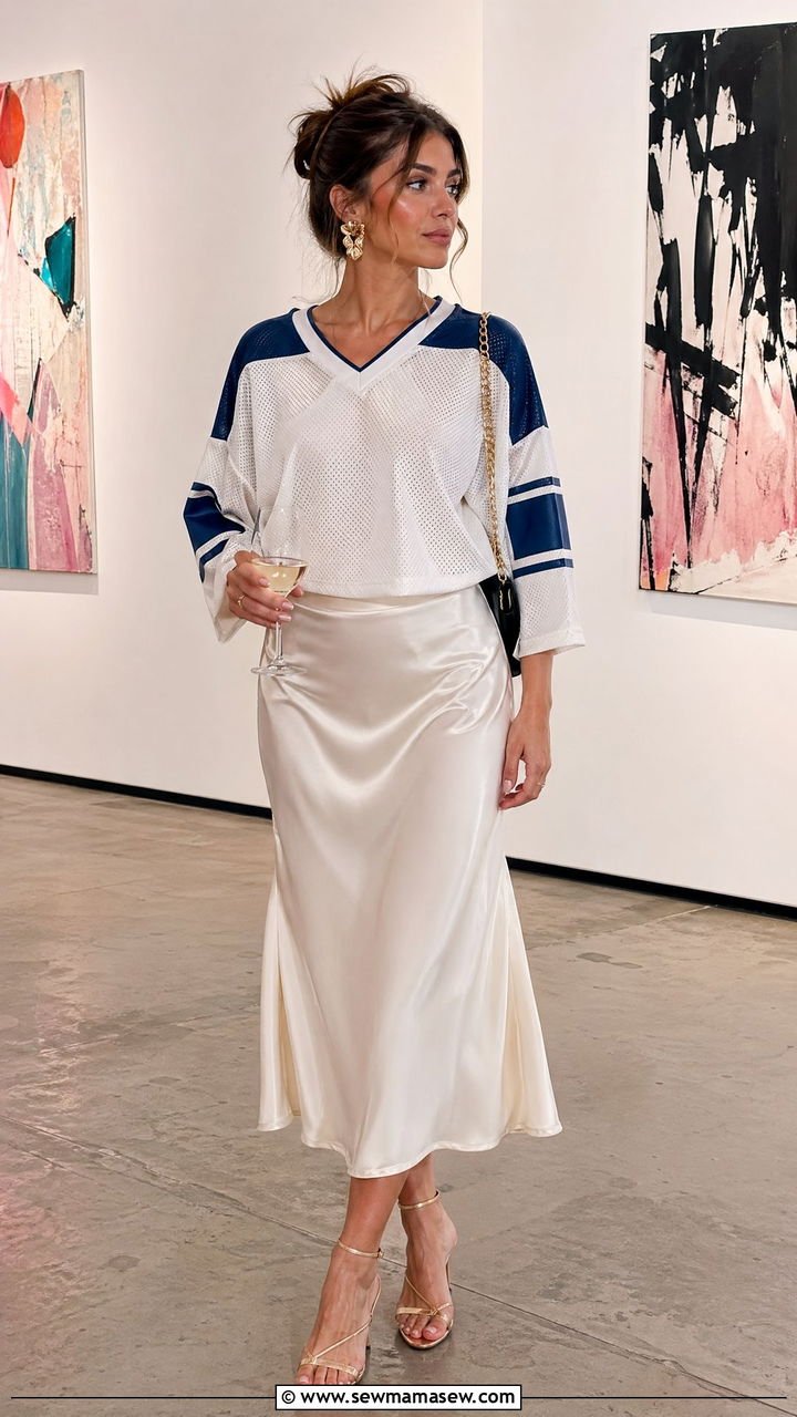 Sport jersey and silk midi skirt mix look - 35 summer vacation outfit ideas