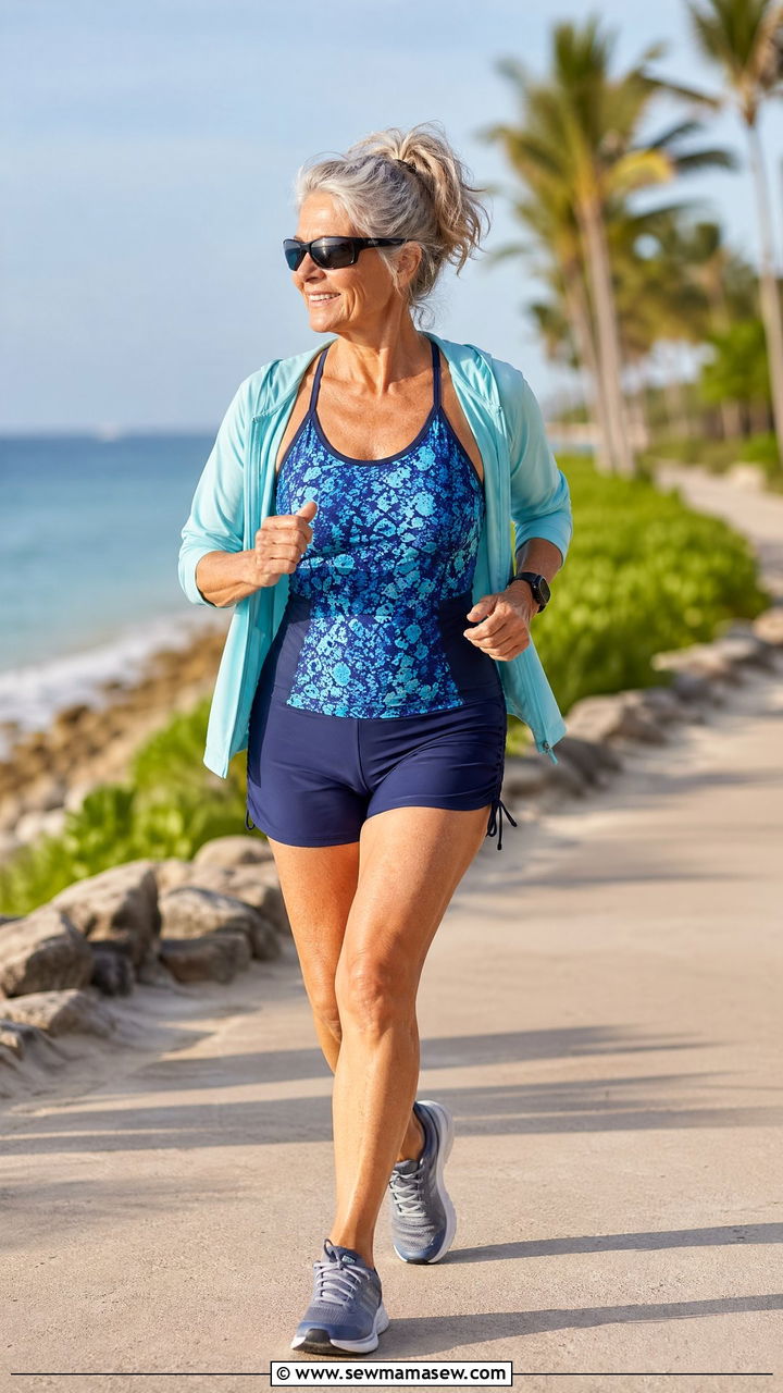 Sport tankini with quick dry swim shorts - 35 Swimsuit outfit ideas for women over 60