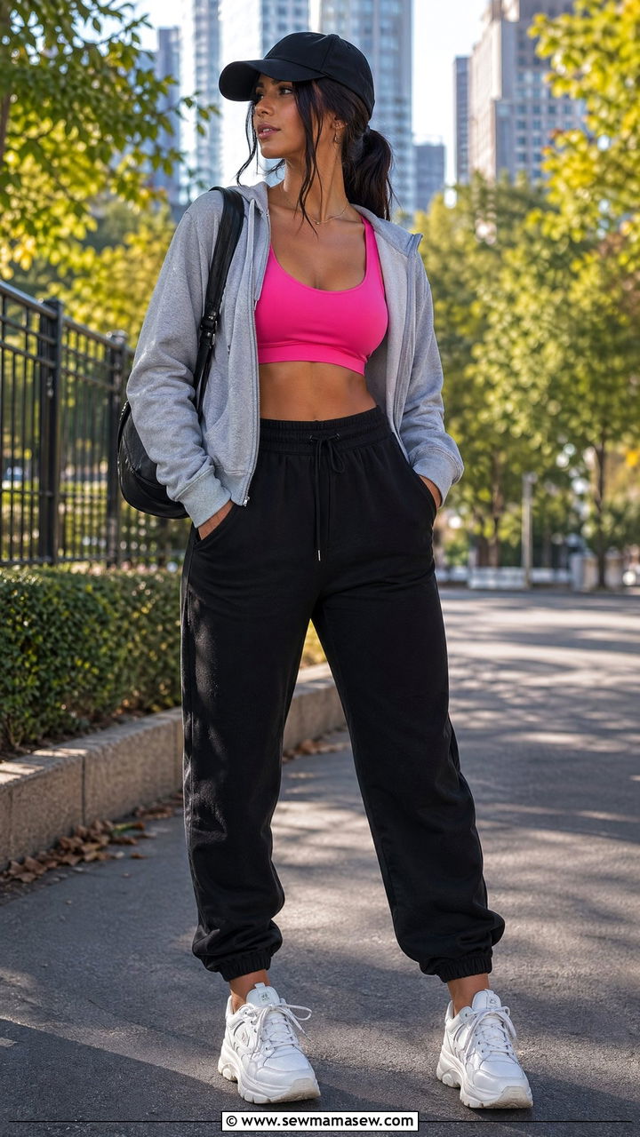 Sports Bra With High Waisted Joggers And Zip Up Hoodie - 35 Sporty chic outfit ideas for errands