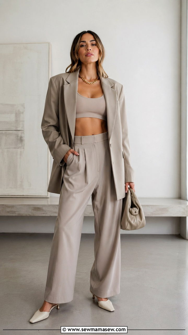 Sports Bra With Oversized Blazer And Wide Leg Trousers - 30 Sporty chic outfit ideas 2026