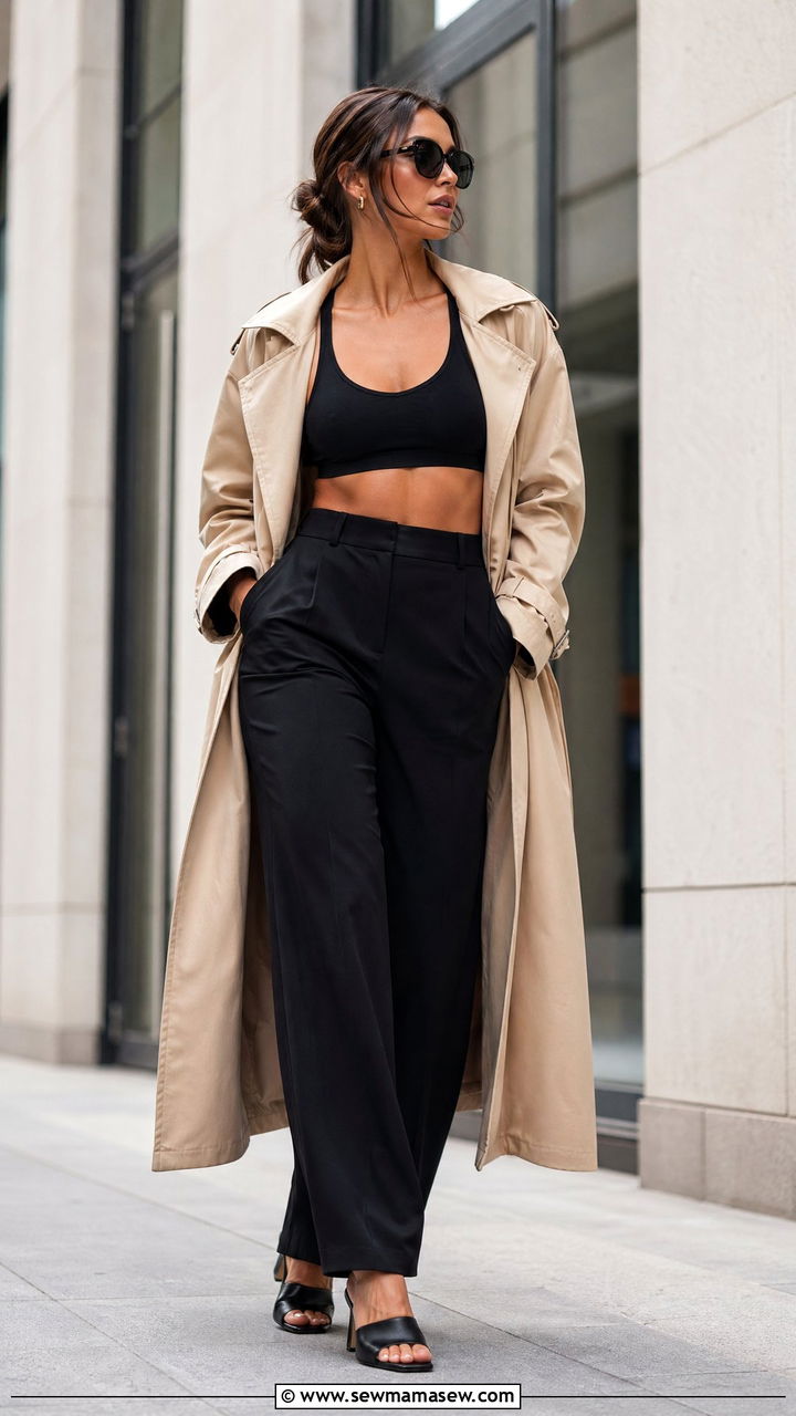 Sports Bra with Tailored Trousers and Heeled Mules Outfit - 35 sporty chic outfits