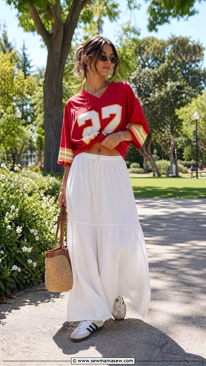 Sports jersey and maxi skirt - 35 sporty chic outfits ideas