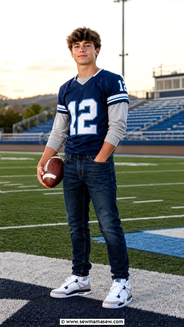 Sports jersey with jeans for senior pictures - 30 Senior photoshoot outfit ideas