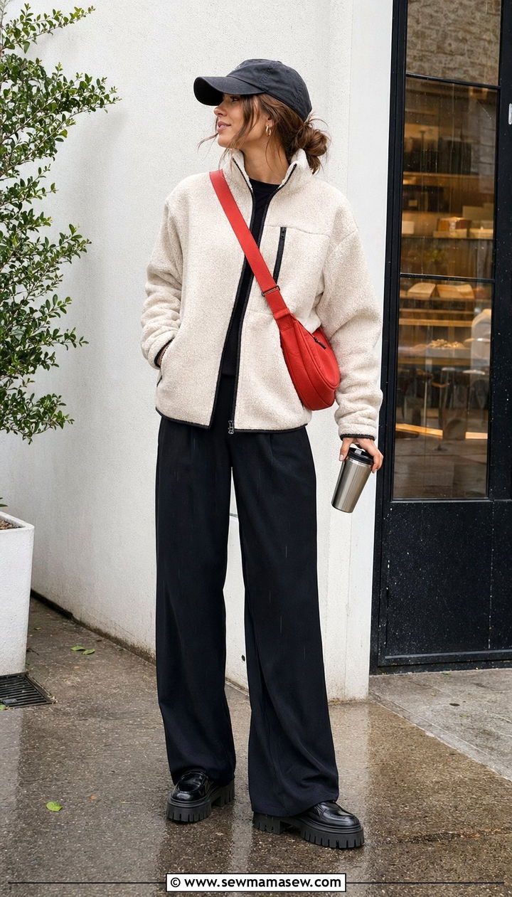 Sporty Fleece With Wide Leg Black Trousers Outfit - 35 Rainy spring outfits