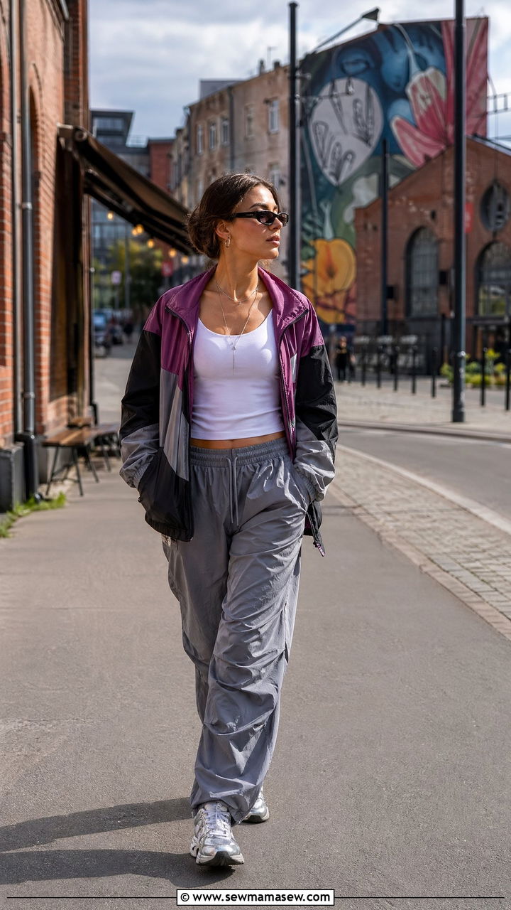 Sporty Windbreaker With Parachute Pants And Futuristic Sneakers - 35 Warsaw outfit ideas