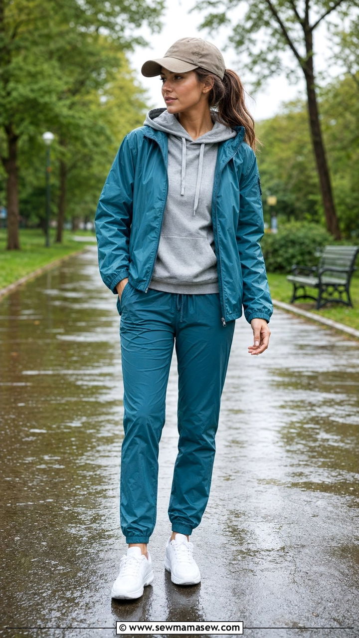 Sporty Windbreaker with Joggers and White Sneakers - 35 rainy day outfit ideas