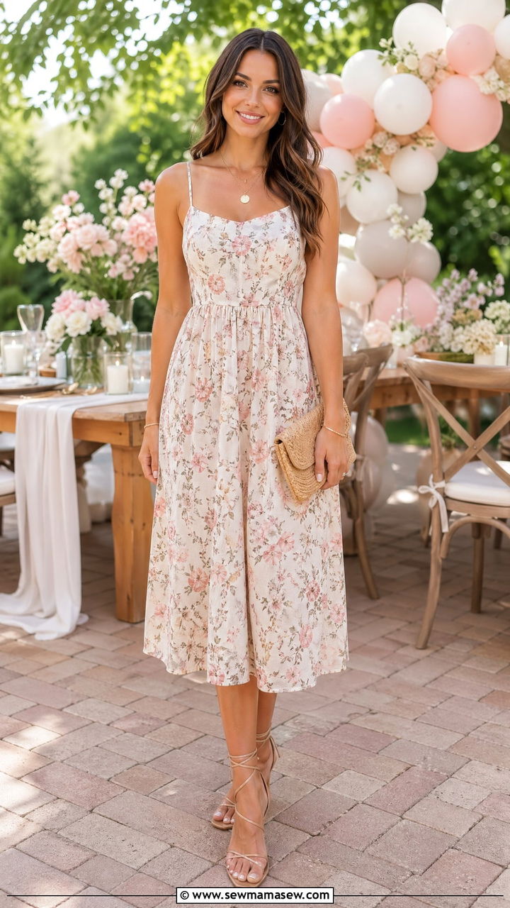 Spring Baby Shower Outfit with Floral Midi Dress and Strappy Sandals - 35 spring baby shower outfit ideas