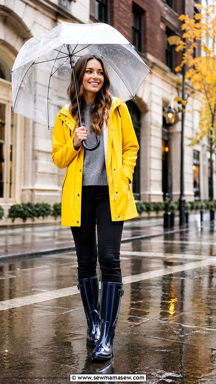 Spring Raincoat With Sweater And Rain Boots - 30 Spring cozy outfit ideas