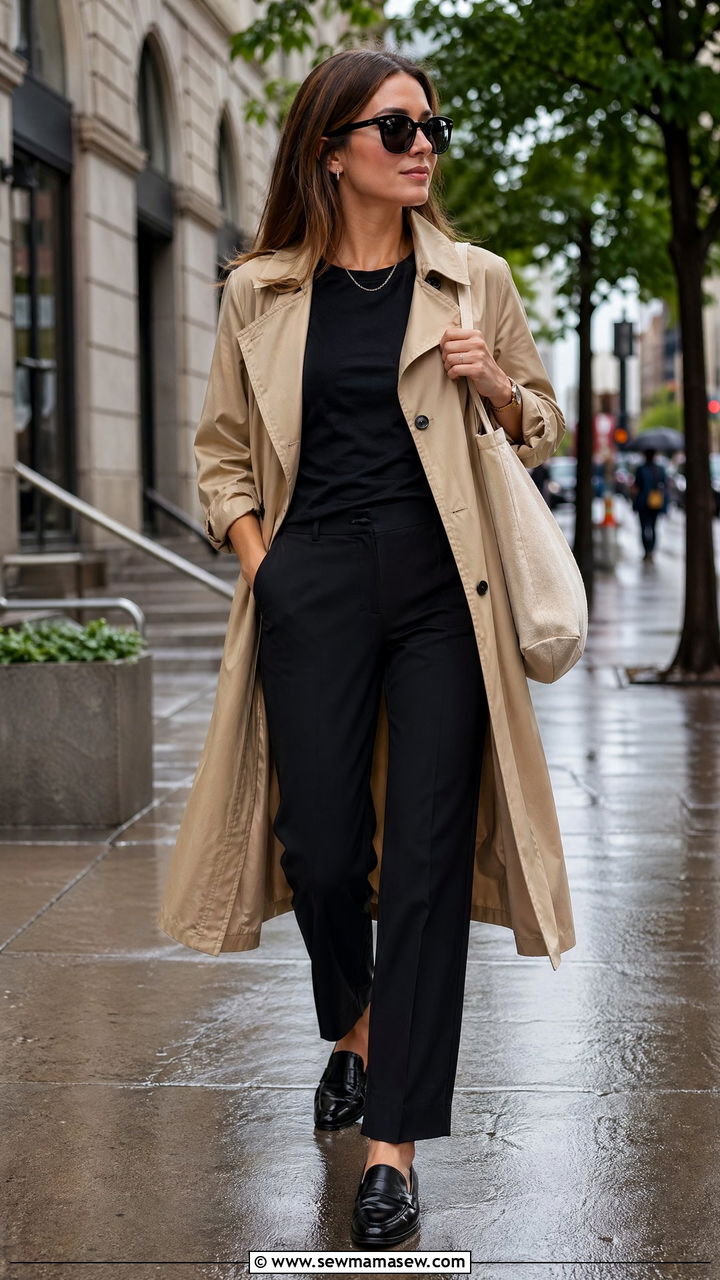 Spring clean girl outfit with beige trench and black trousers - 35 spring clean girl outfit ideas