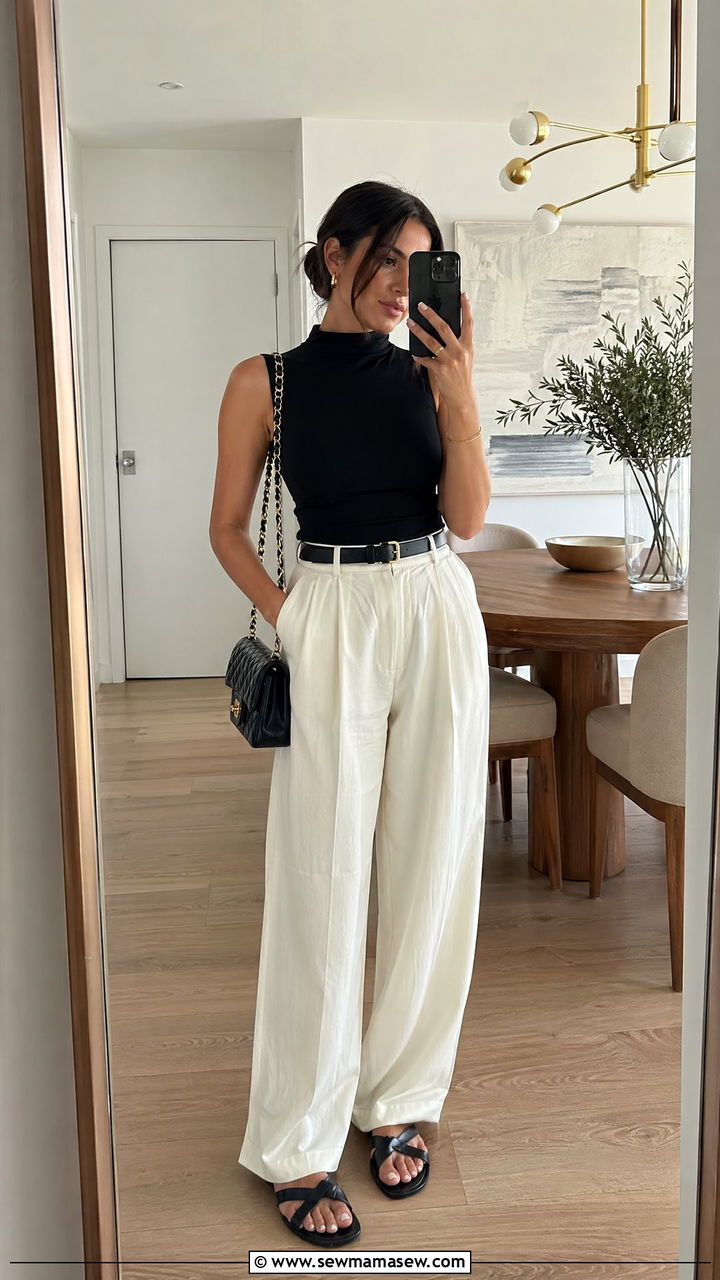 Spring clean girl outfit with black sleeveless top and wide leg trousers - 35 spring clean girl outfit ideas