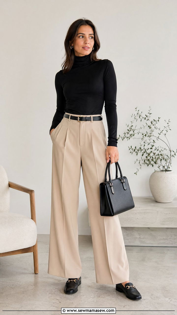 Spring clean girl outfit with black turtleneck and beige trousers - 35 spring clean girl outfit ideas