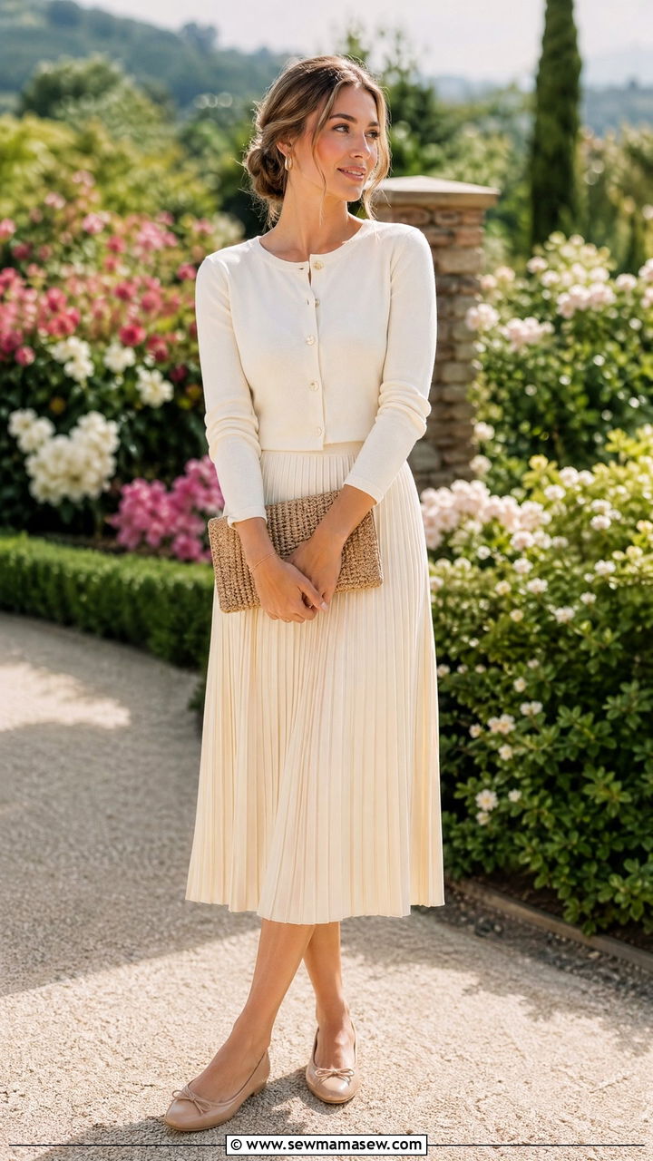 Spring clean girl outfit with button up cardigan and midi skirt - 35 spring clean girl outfit ideas