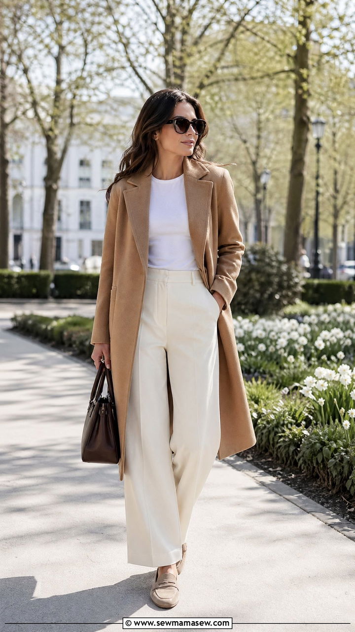 Spring clean girl outfit with camel coat and cream trousers - 35 spring clean girl outfit ideas
