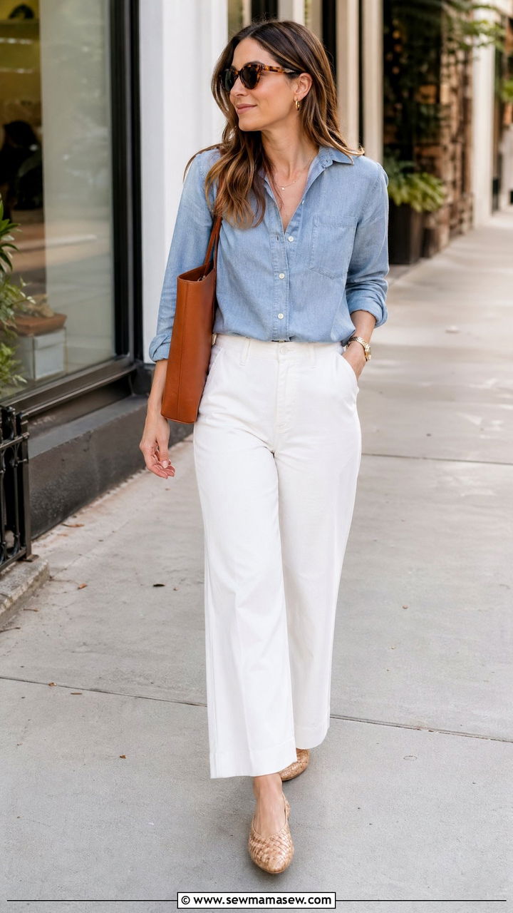 Spring clean girl outfit with chambray shirt and white trousers - 35 spring clean girl outfit ideas