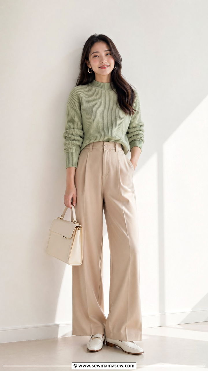 Spring clean girl outfit with matcha green knit and beige trousers - 35 spring clean girl outfit ideas