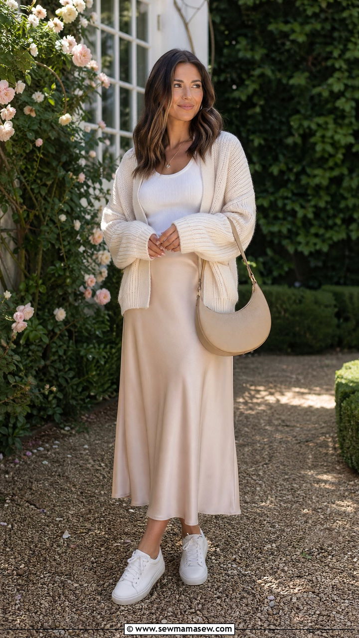 Spring clean girl outfit with oversized cardigan and slip skirt - 35 spring clean girl outfit ideas