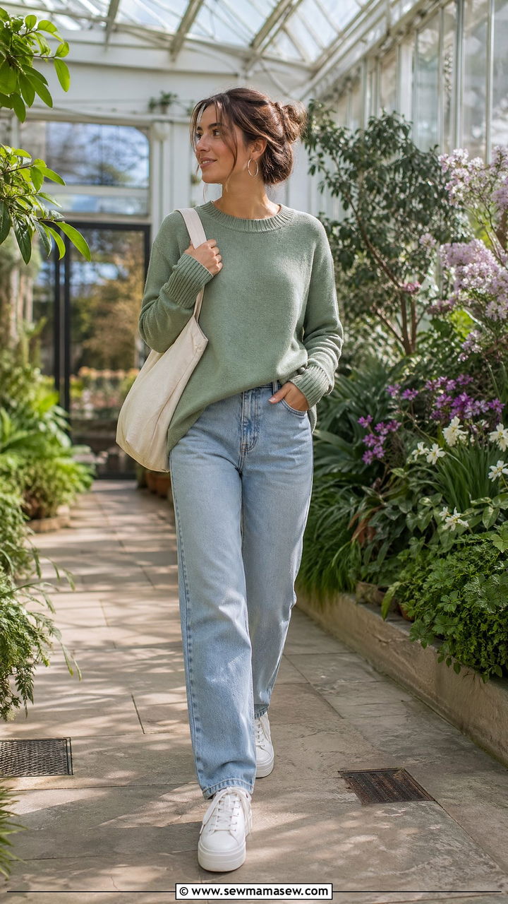 Spring clean girl outfit with sage green sweater and relaxed jeans - 35 spring clean girl outfit ideas