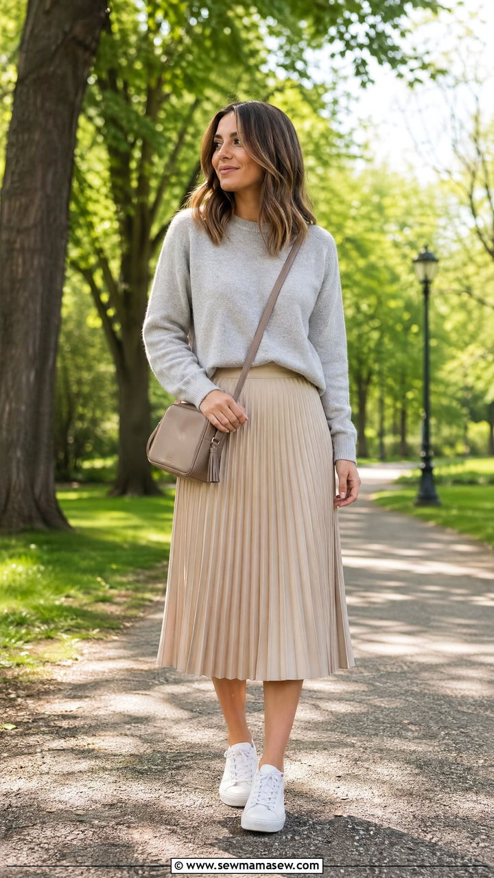 Spring clean girl outfit with soft gray knit and pleated skirt - 35 spring clean girl outfit ideas