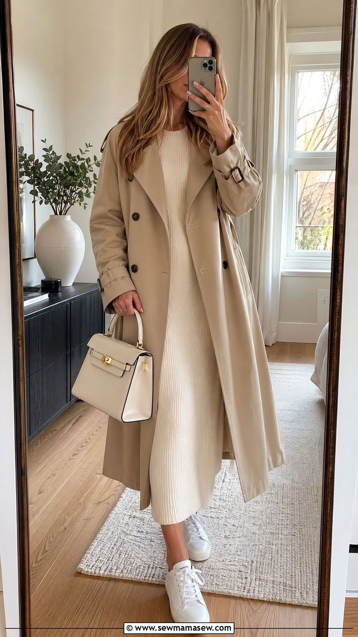 Spring clean girl outfit with trench coat and midi dress - 35 spring clean girl outfit ideas