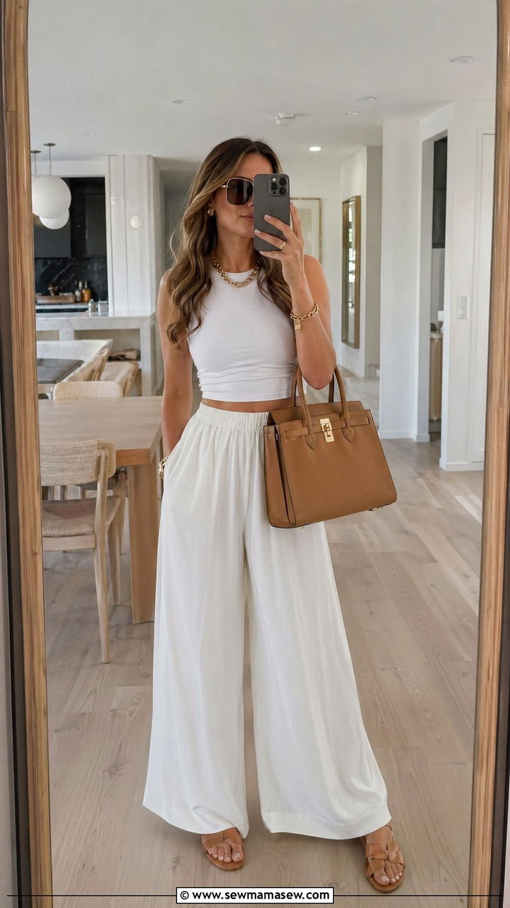 Spring clean girl outfit with white co ord set and tan sandals - 35 spring clean girl outfit ideas