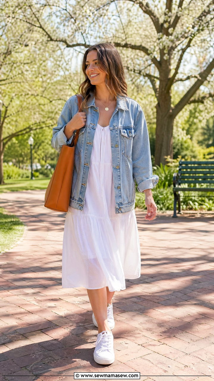 Spring clean girl outfit with white sundress and denim jacket - 35 spring clean girl outfit ideas