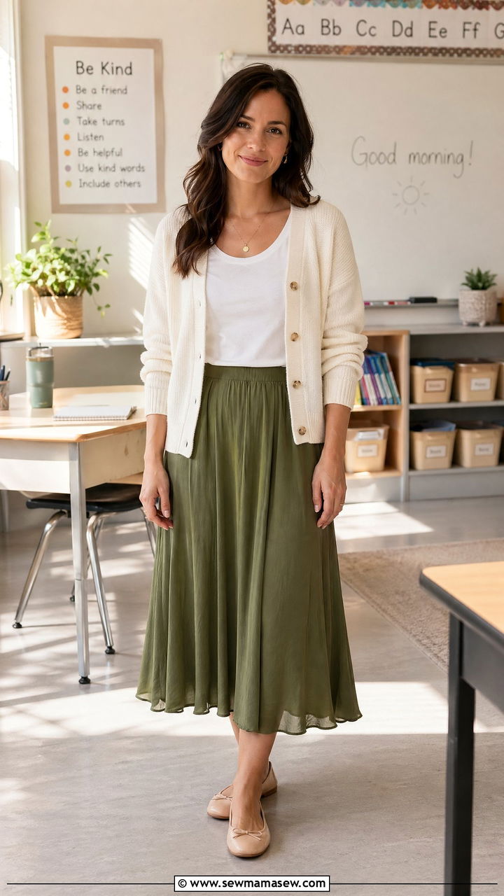 Spring teacher outfit with cardigan and olive midi skirt - 35 spring outfits for teachers