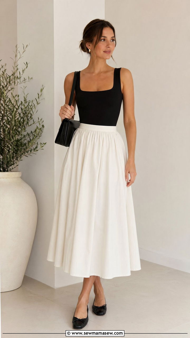 Square Neck Bodysuit and Cotton Midi Skirt Outfit - 35 Summer wardrobe ideas