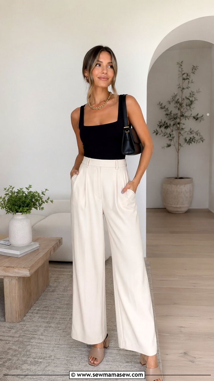 Square Neck Bodysuit with Wide Leg Pants - 35 Outfit ideas for pear shape