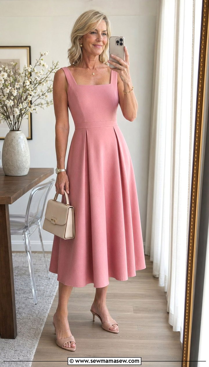 Square Neck Fit and Flare With Kitten Heels - 30 Best dresses for women over 50