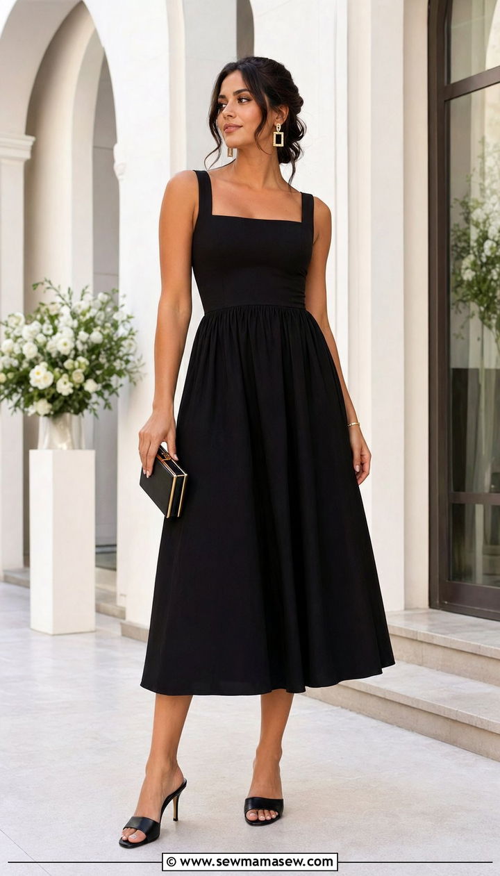 Square Neck Midi Dress Wedding Guest Outfit - 30 Wedding guest outfits for pear shape