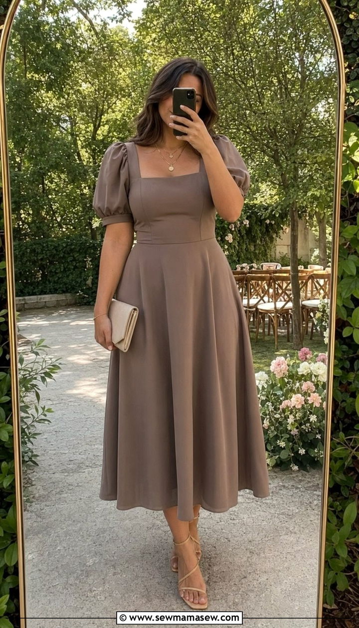 Square Neck Puff Sleeve Dress with Minimal Sandals for Midsize Wedding Guest - 30 Wedding guest outfits for midsize women