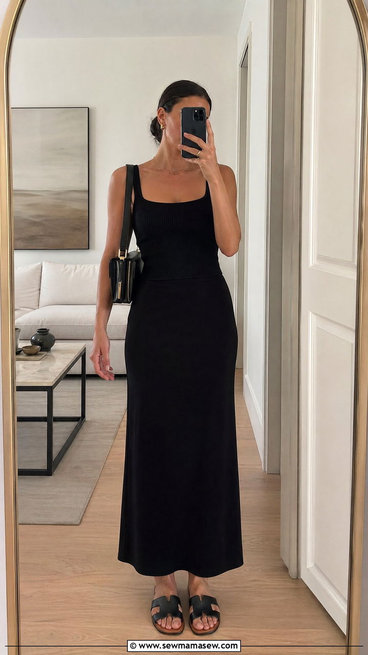 Square neck top and column maxi skirt outfit - 35 summer skirt outfit ideas